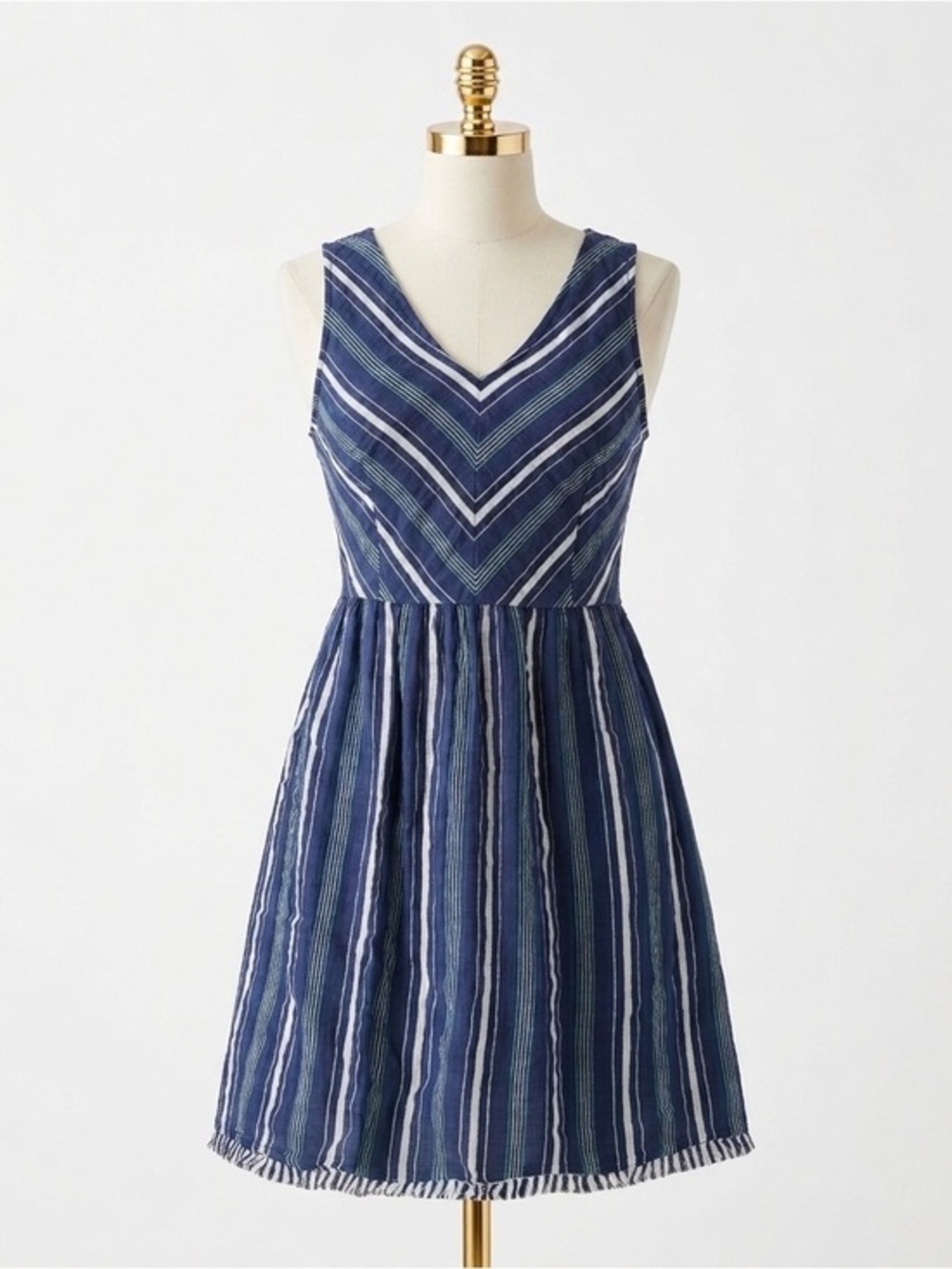 Skies Are Blue Striped V Neck Sleeveless A Line‎ Fringed Hem Summer Dress Small